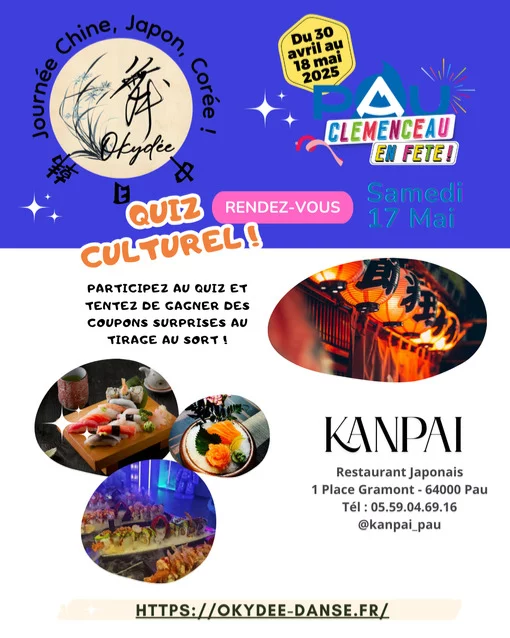 🎉✨ Participez au Quiz ! ✨🎉

Nous sommes ravis de vous annoncer que notre partenaire Kanpai vous offre un coupon spécial pour notre tirage au sort lors du quiz ! 🍣🍶

Que vous soyez amateur de sushis ou à la recherche de plats japonais authentiques, Kanpai répondra à vos attentes. L'ambiance y est conviviale, intime et chaleureuse.

👉 Rendez-vous le 17 mai sur la Place Clémenceau !

#Kanpai #Sushis #CuisineJaponaise #FoodLovers #GastronomieJaponaise #SushiTime #JapaneseCuisine #Foodie #Yummy #TasteOfJapan #SushiLovers #FoodArt #CulinaryJourney #Gourmet #JapaneseFood #tirageausort
