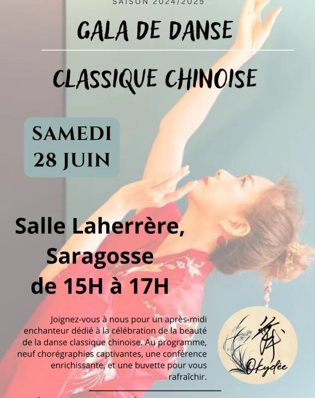 Gala de Fin d'Année de l'Association Okydée ! 

✨ Attention à tous les passionnés de danse ! ✨

Nous sommes ravis de vous annoncer notre gala de fin d'année de l'association Okydée ! Au programme, neuf chorégraphies toutes nouvelles et une petite conférence sur la danse classique chinoise.

Les places pour notre spectacle sont limitées, alors n'oubliez pas de réserver votre place dès maintenant ! L'entrée est gratuite, mais les réservations sont nécessaires pour garantir votre accès.

Rendez-vous à la salle Laherrère le 28 juin à 15h. Si vous avez manqué nos performances du 17 mai à la place Clémenceau, c'est l'occasion rêvée de nous rejoindre !

RÉSERVATIONS EN LIGNE : https://okydee-danse.fr/ (lien dans notre bio)

Ne manquez pas cette occasion de célébrer l'art et la culture à travers la danse !

#DanseClassiqueChinoise #GalaOkydée #Danse #Culture #Spectacle #Chorégraphie #DanseEnsemble
#ÉvénementGratuit #ArtsPerformants
#PassionDanse #RéservezVotrePlace
#SalleLaharrère #CélébrationDeLaDanse
#DanseEtMusique #Okydée