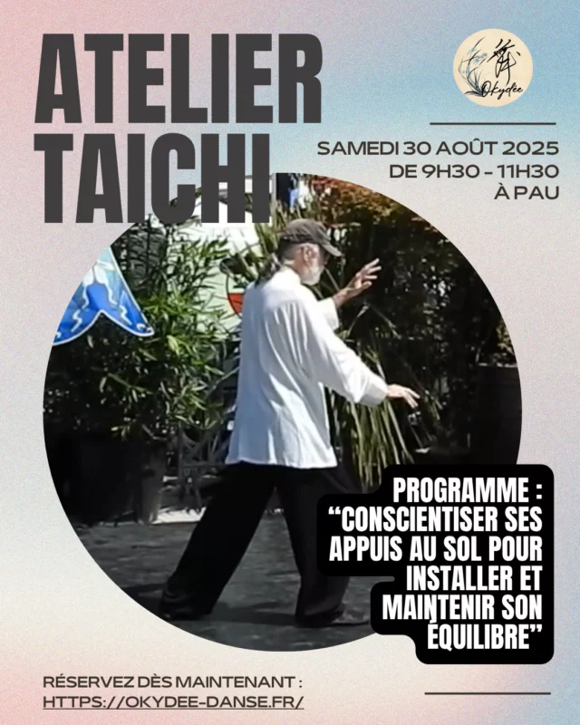 Atelier de Tai Chi – Premier rendez-vous !

Un projet en cours… qui prend vie dès la rentrée !

Date : Samedi 30 août 2025
Horaires : 9h30 – 11h30
Lieu : Salle municipale Patie à Pau
🎁 Atelier découverte gratuit

Le programme : « Conscientiser ses appuis au sol pour installer et maintenir son équilibre » 

Envie de découvrir le Tai Chi dans une ambiance douce et bienveillante ? Cet atelier est ouvert à toutes et tous, même débutants.

⚠️ L’atelier aura lieu à partir de 4 participant·e·s minimum.
Inscription recommandée pour nous permettre d’organiser au mieux la séance (section "Activité" de notre site). En cas de participation insuffisante, l’atelier sera malheureusement annulé.

#taichi #artdumouvement #consciencecorporelle #bienetrecorpsesprit #découvertetaichi #equilibre #ancrage #souplesse